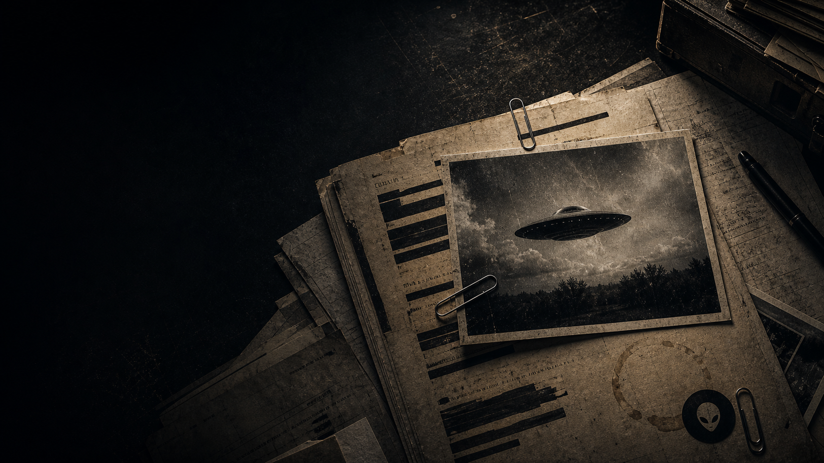 Declassified UAP archive documents with a clipped UFO photograph