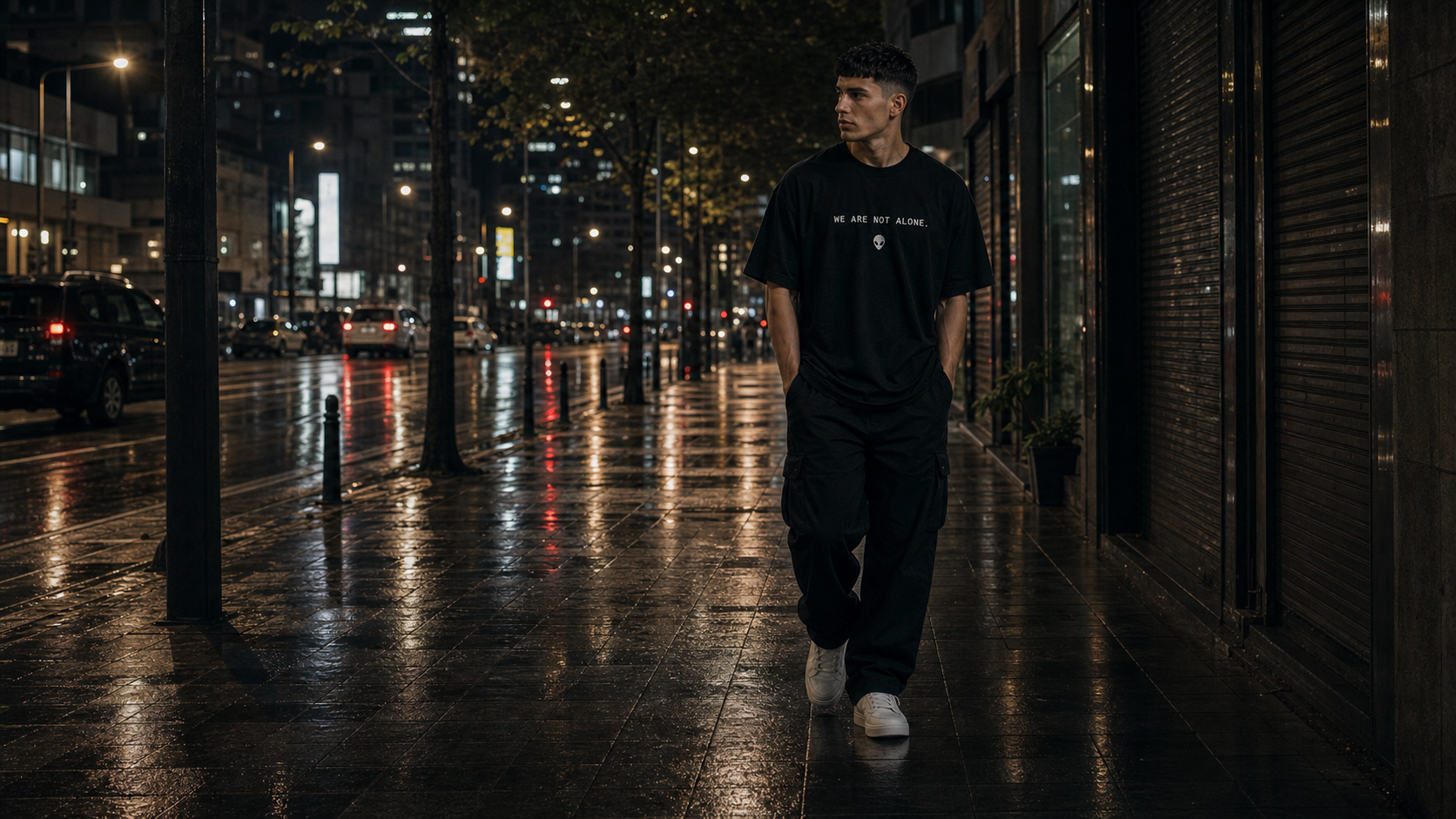 First Contact Club model walking on a wet city street wearing the black We Are Not Alone T-shirt