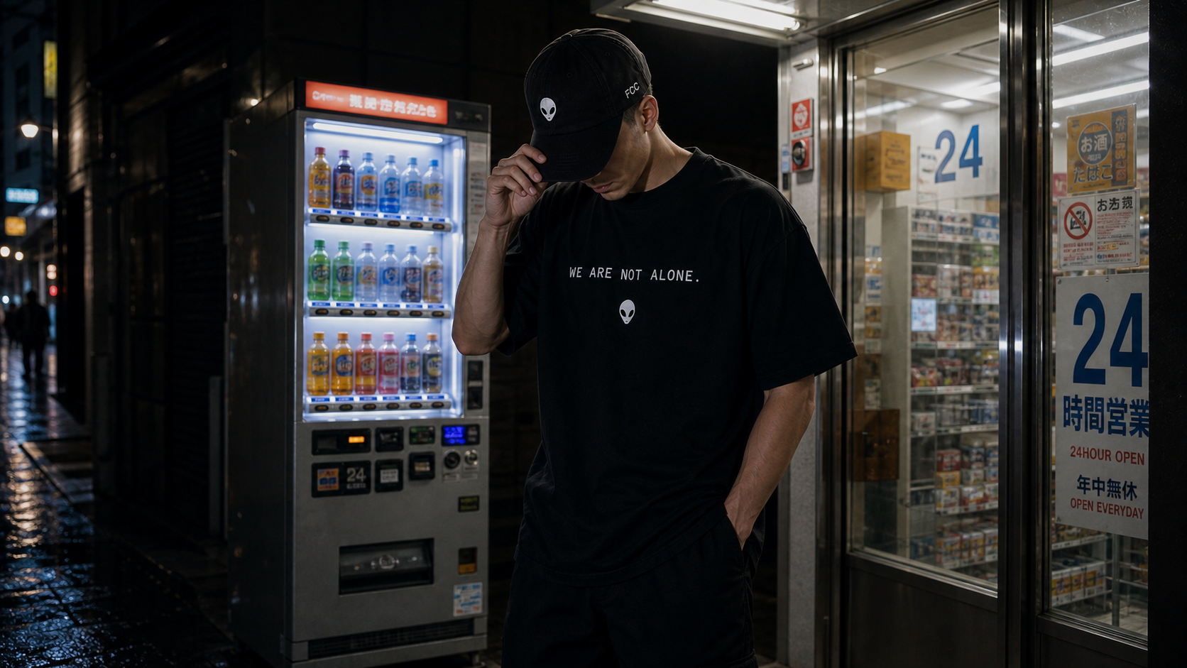 First Contact Club model adjusting a black signal cap outside a vending machine at night