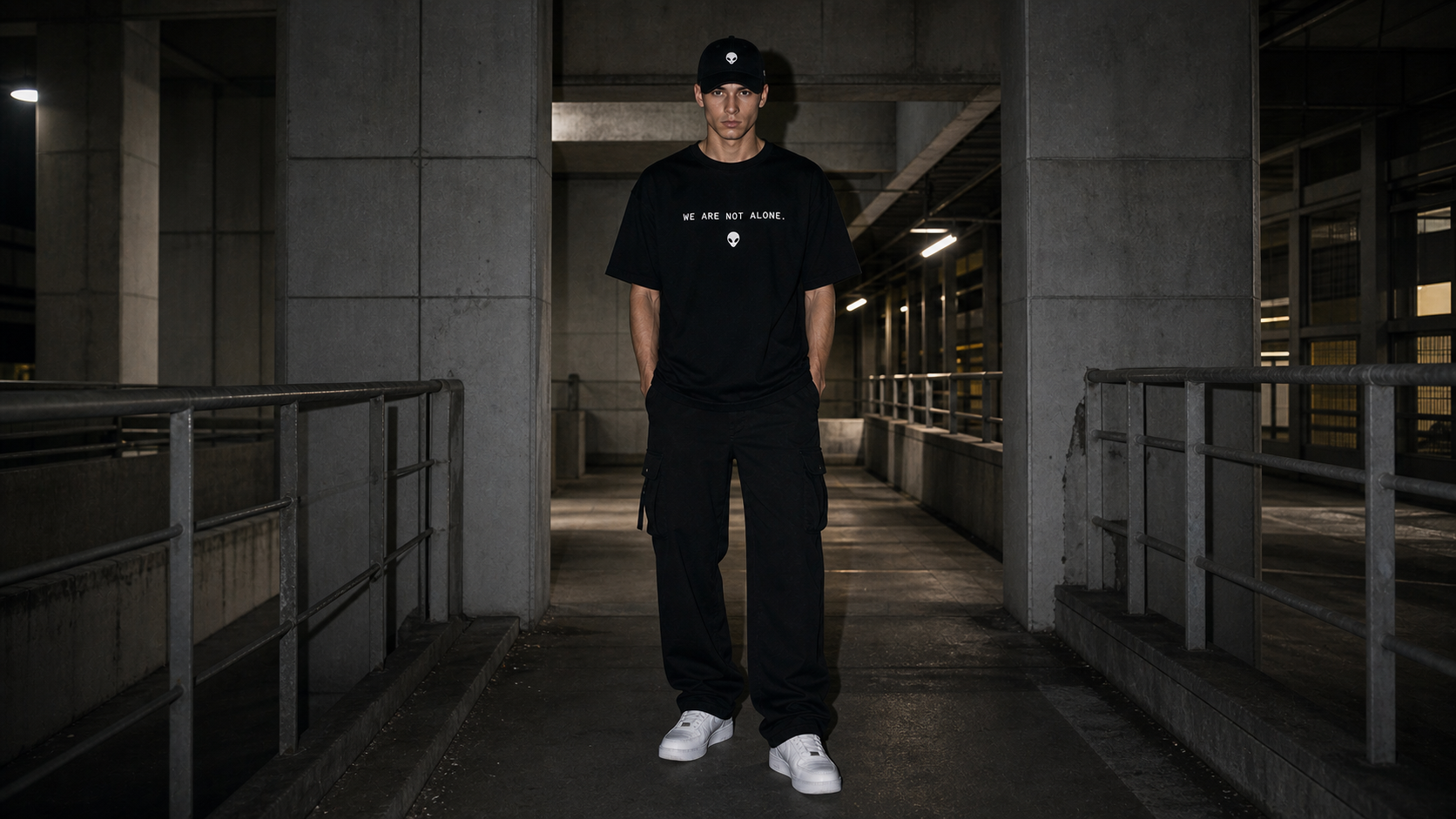 First Contact Club model in a concrete corridor wearing the black We Are Not Alone T-shirt and signal cap