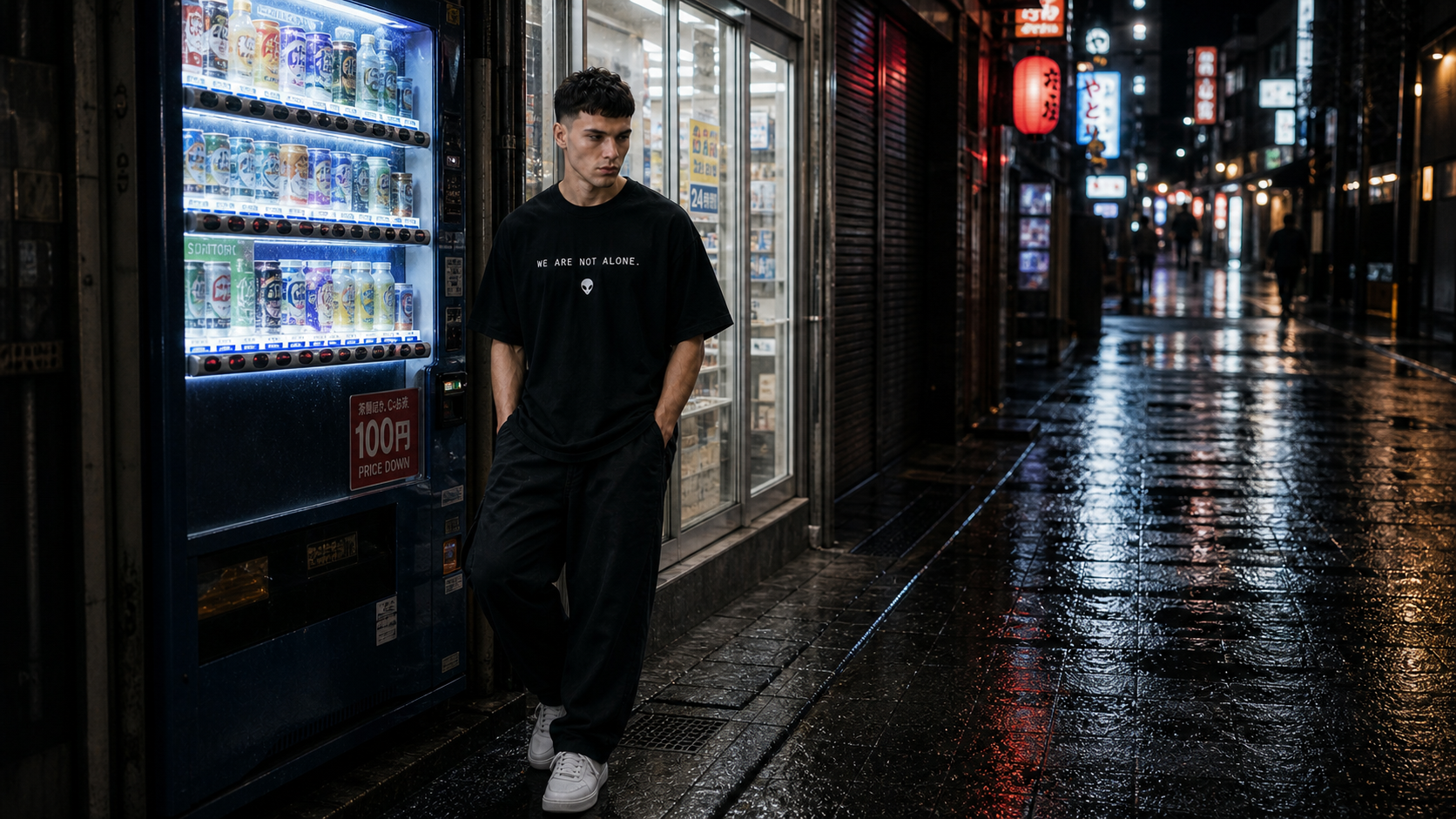 First Contact Club model near vending machines on a rainy street