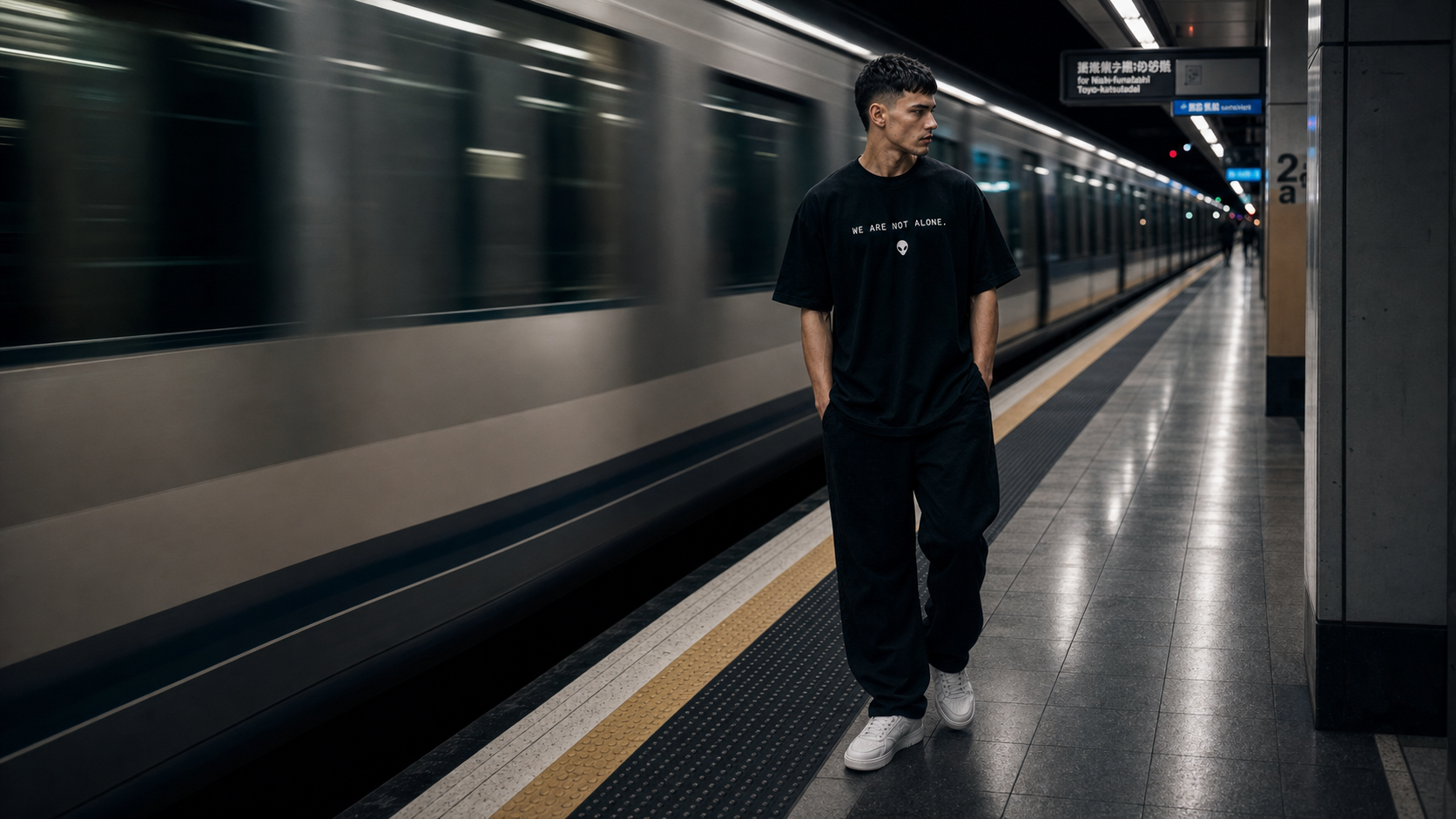 First Contact Club model on a metro platform at night