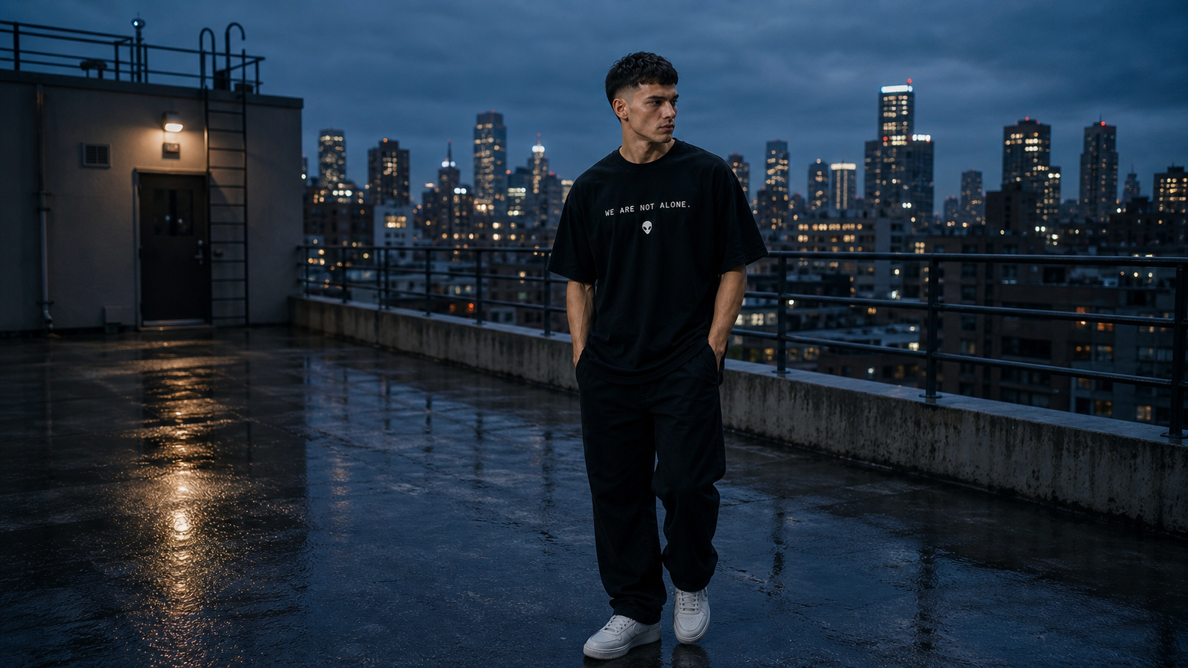 First Contact Club model on a wet rooftop at night
