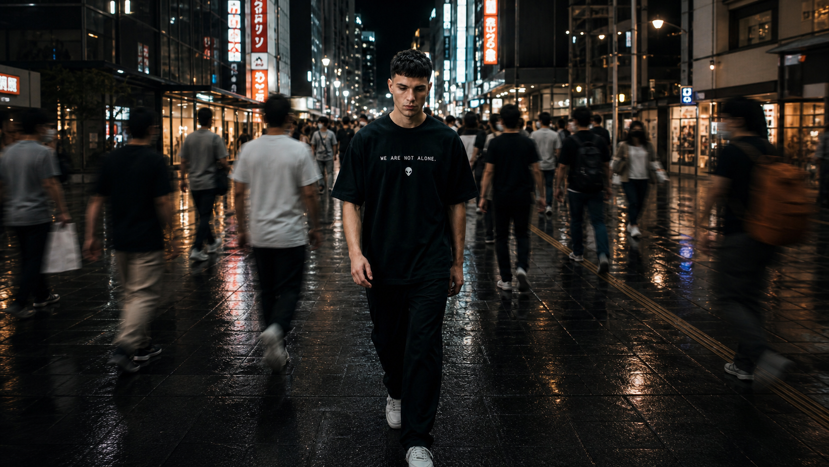 First Contact Club model walking through a wet city street at night