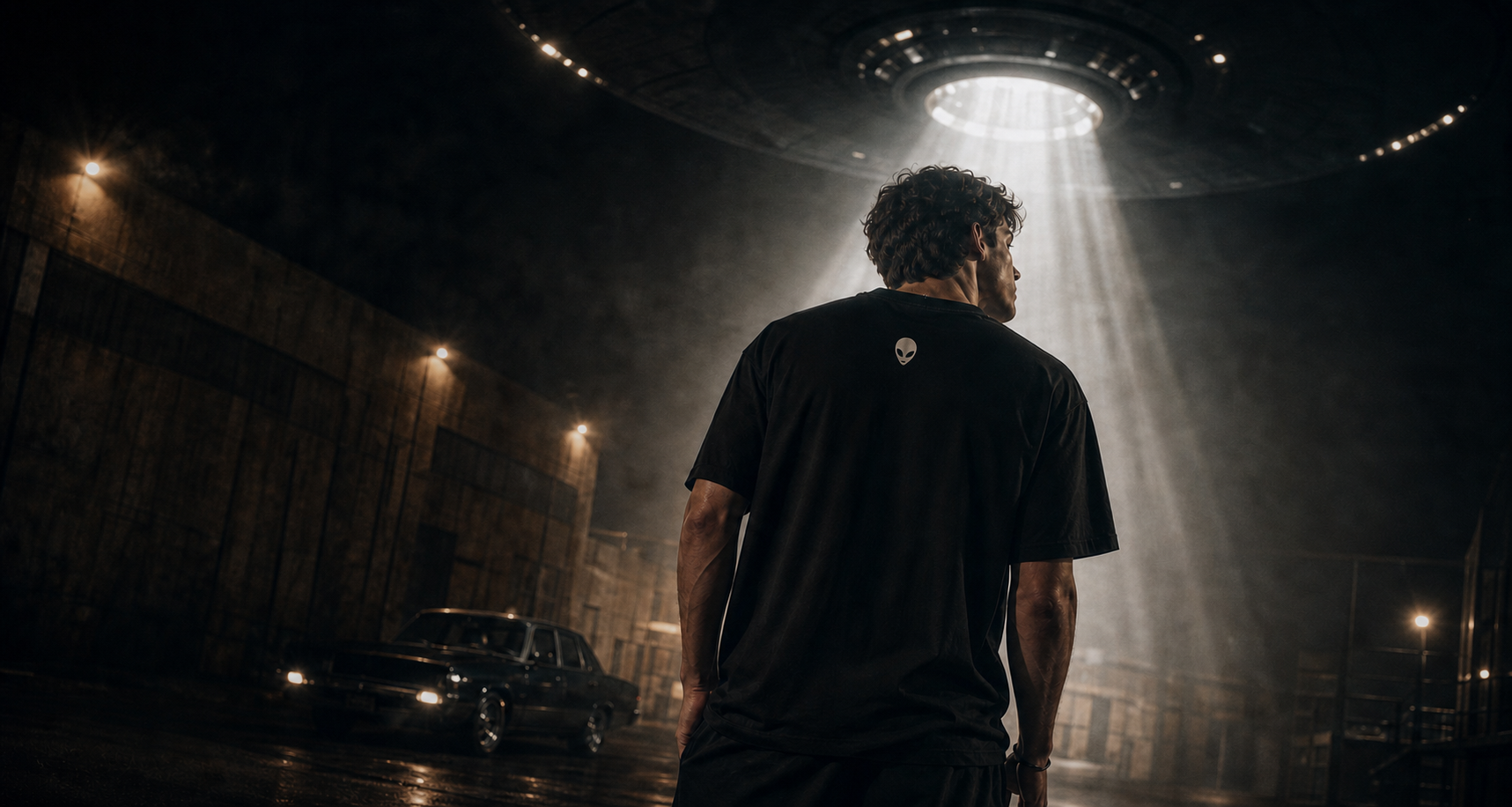 Model wearing a black First Contact Club tee under a vertical signal beam