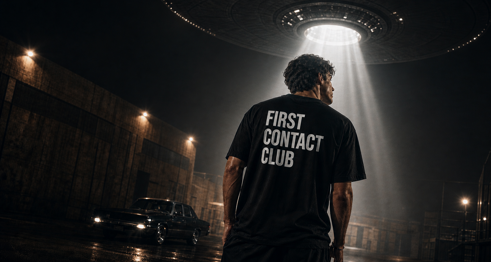 Model wearing a black First Contact Club tee under a vertical signal beam